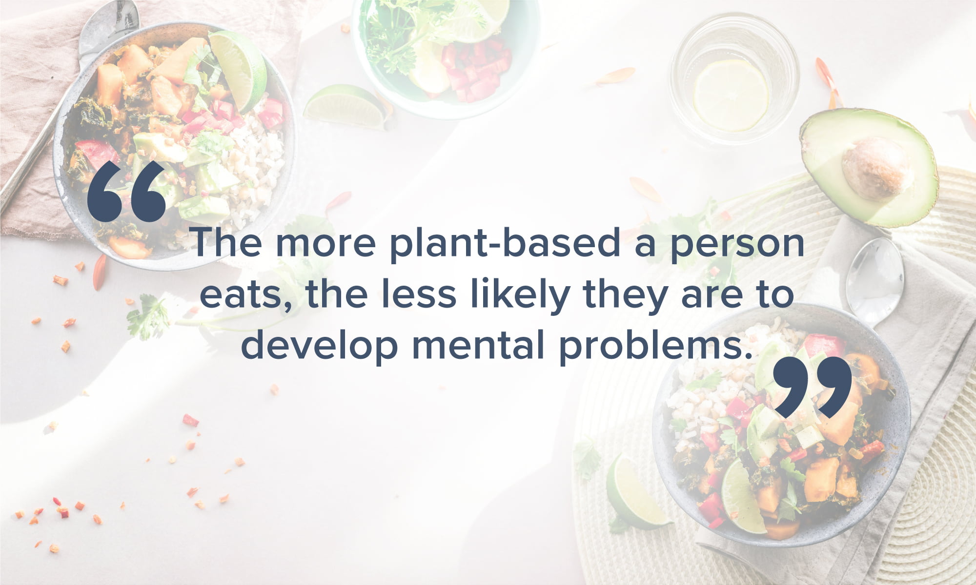 An illustration featuring bowls of food with a quote in the foreground: "The more plant-based a person eats, the less likely they are to develop mental problems."