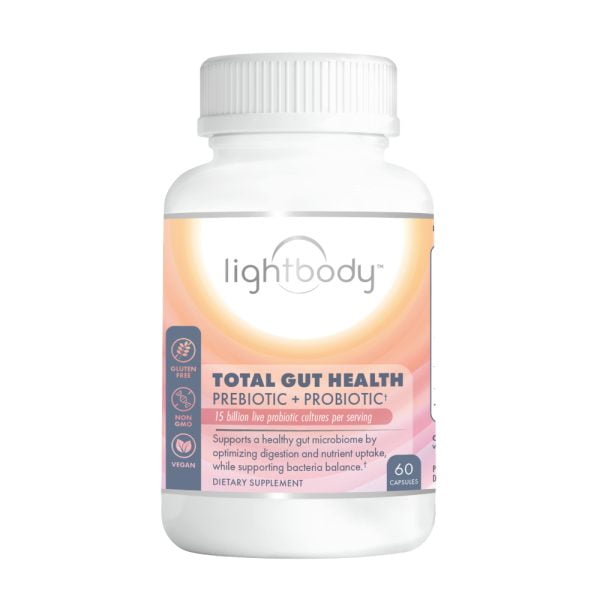 Bottle of Lightbody Total Gut Health prebiotic + probiotic supplements.
