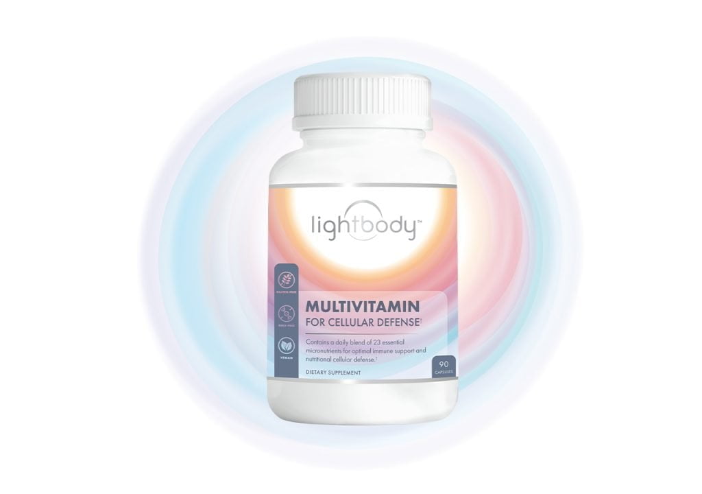 Bottle of Lightbody multivitamin for cellular defense supplement.