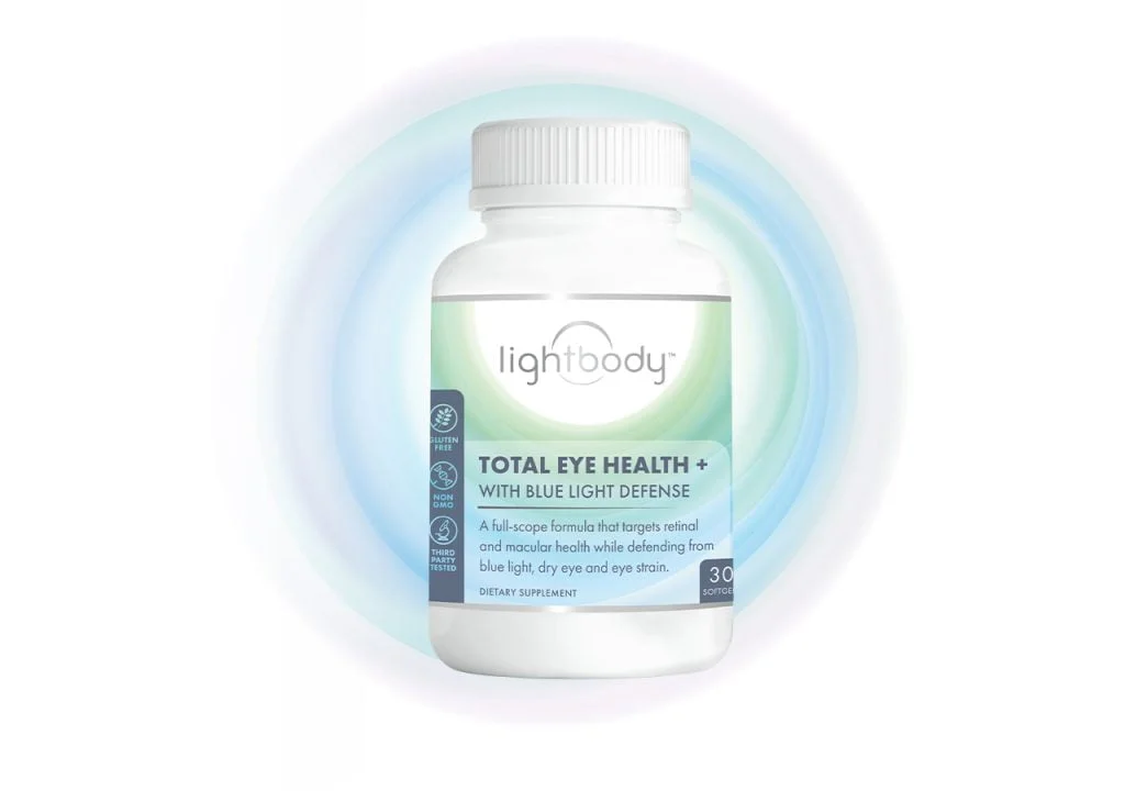 Bottle of Lightbody total eye health + with blue light defense supplement.