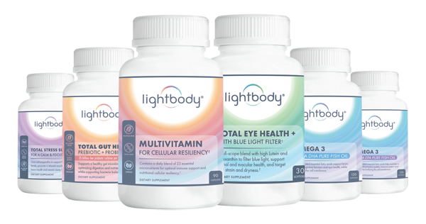Six bottles of lightbody supplements.