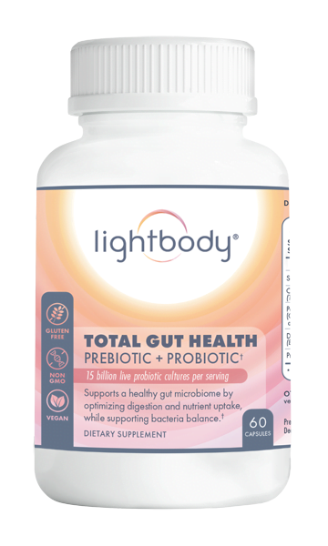 Bottle of total gut health prebiotic + probiotic supplement.