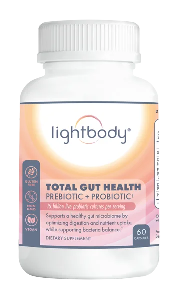 Bottle of total gut health prebiotic + probiotic supplement.