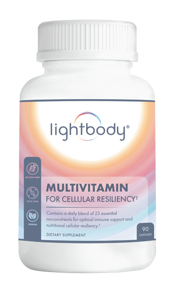 Bottle of Lightbody multivitamin for cellular resiliency supplement.