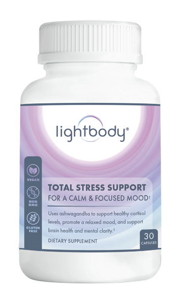 Bottle of total stress support for a calm & focused mood supplement.
