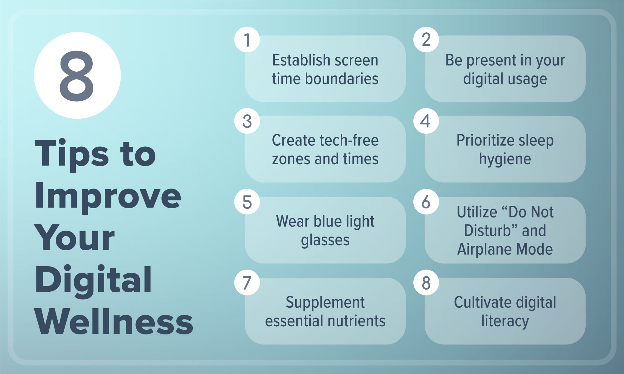 An infographic highlighting "8 Tips to Improve Your Digital Wellness," including establishing screen time boundaries, being present in your digital usage, creating tech-free zones and times, prioritizing sleep hygiene, wearing blue light glasses, utilizing "do not disturb" and airplane mode, supplementing essential nutrients, and cultivating digital literacy.
