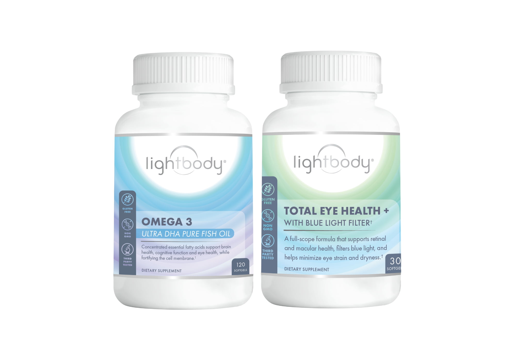 Two bottles of dietary supplements recommended for maintaining eye health are displayed. The first is labeled "Lightbody Total Eye Health + Blue Light Filter," and the second is "Lightbody Omega-3 DHA."